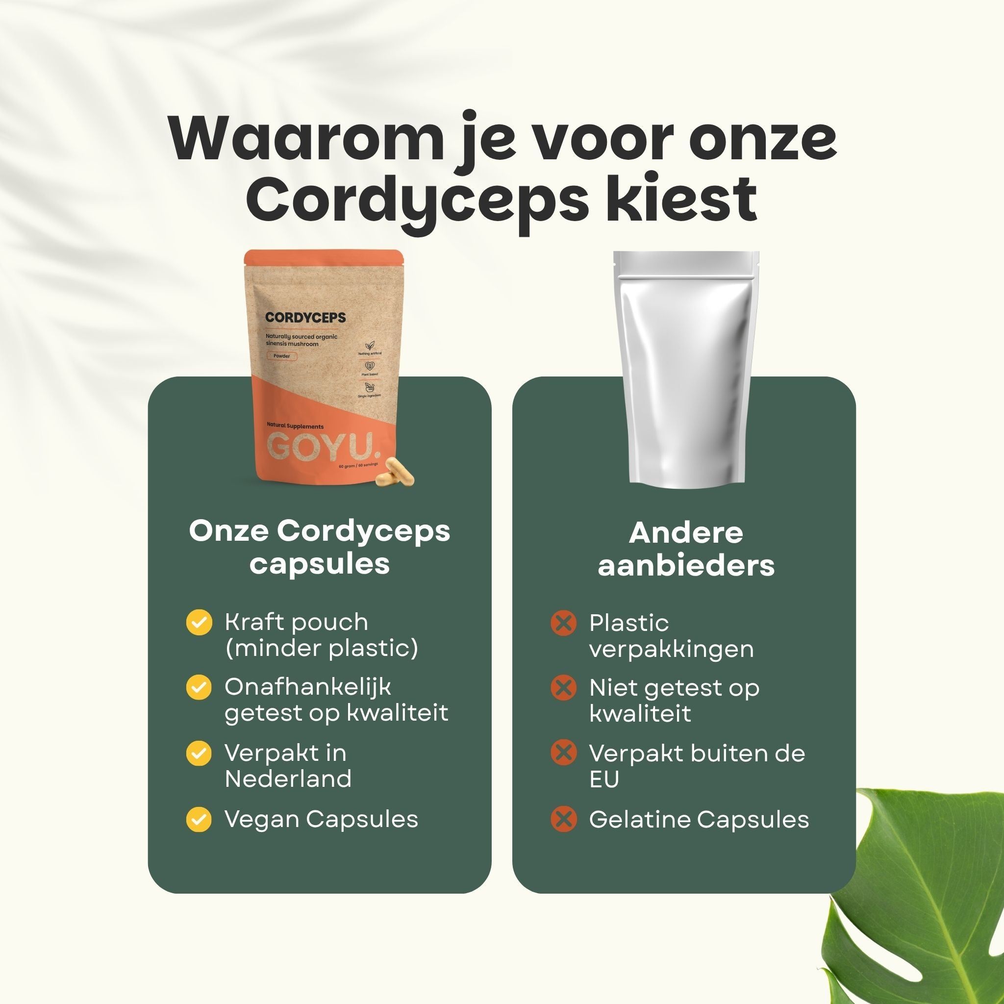 Vergelijking van onze Cordyceps-verpakking met die van andere aanbieders.
