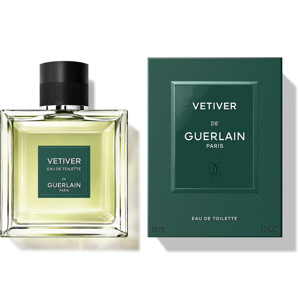 Fles en verpakking. Vierkante fles met zwarte dop. Groene verpakking met tekst: VETIVER DE GUERLAIN PARIS. Eau de Toilette.