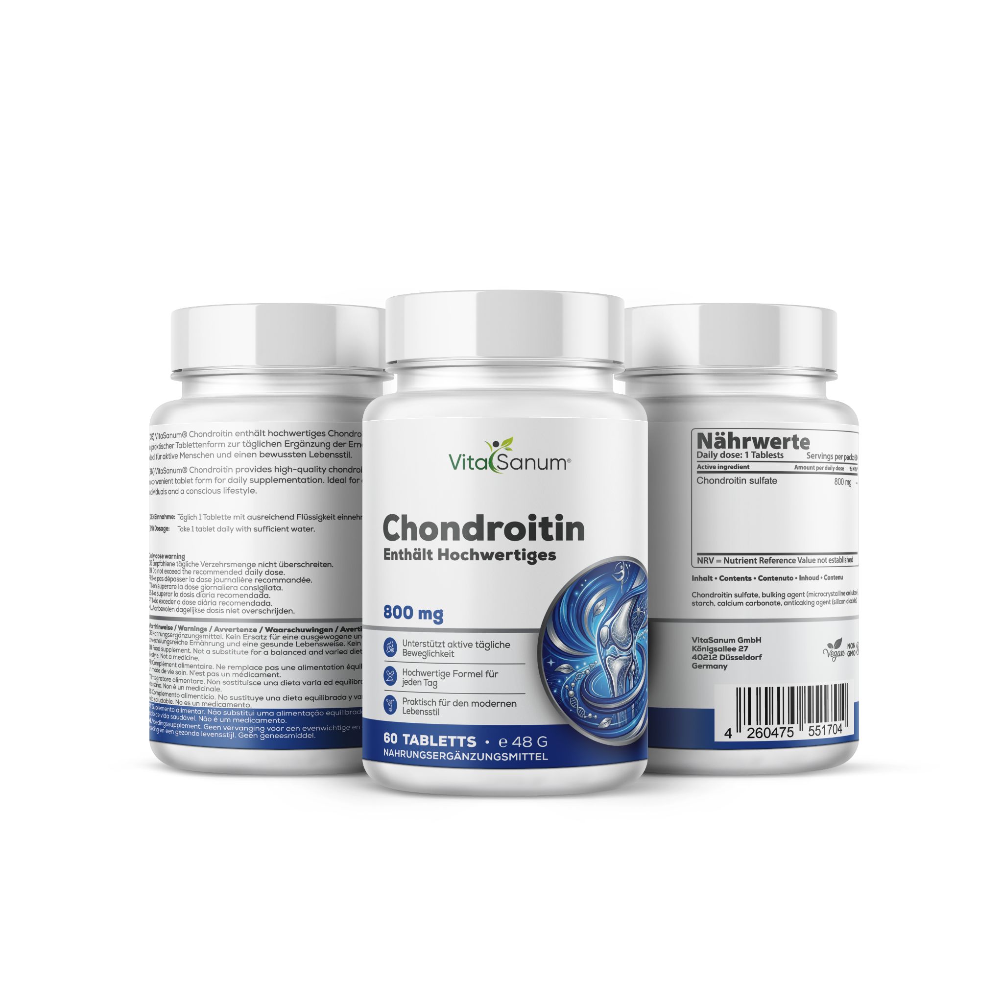 VitaSanum Chondroïtine 800 mg Comprimés: Trois flacons blancs avec étiquettes bleues, un montre le dos avec informations nutritionnelles. Contient 60 comprimés.