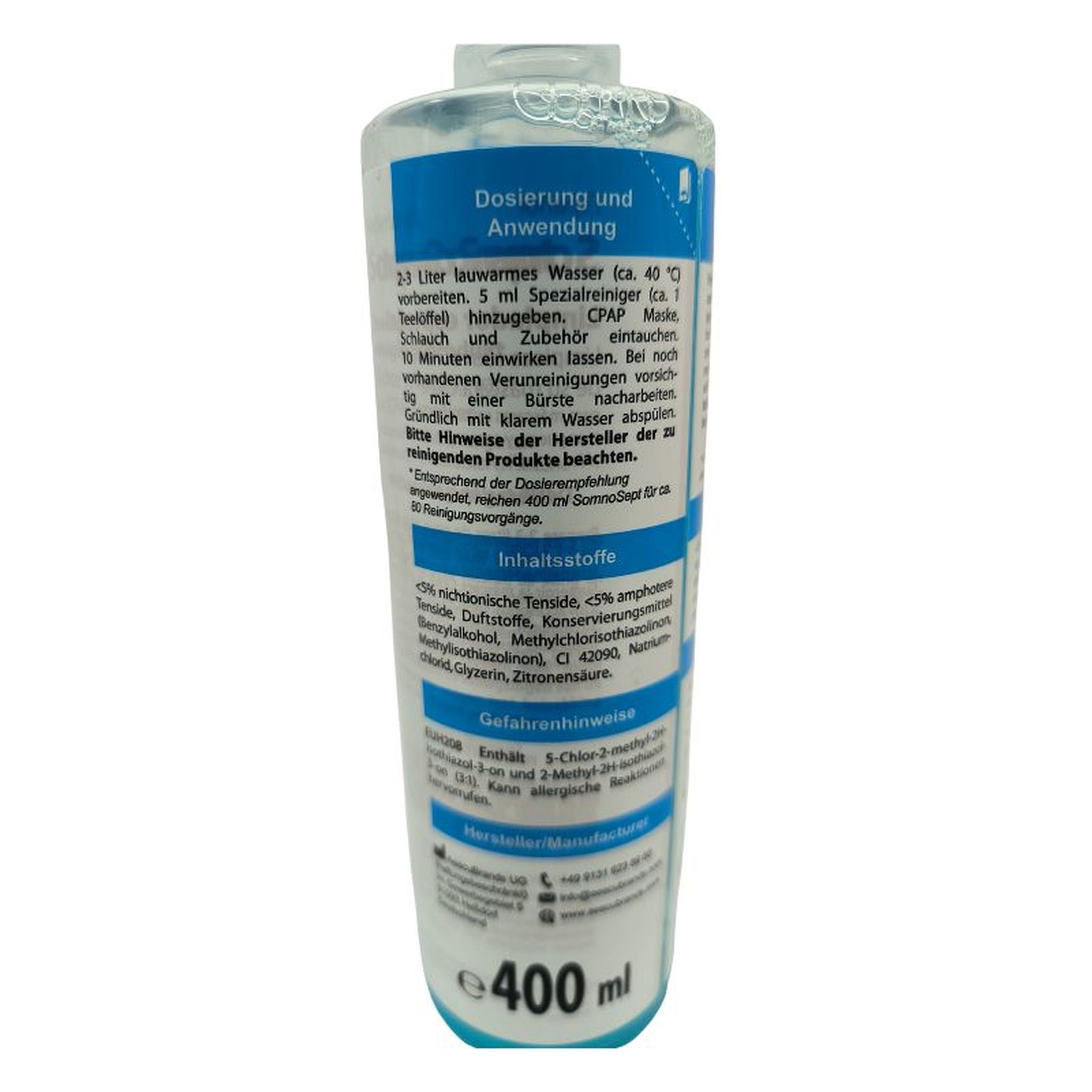 Dos de la bouteille de nettoyant. Texte: Dosage et utilisation, ingrédients, avertissements de danger. Volume: 400 ml.
