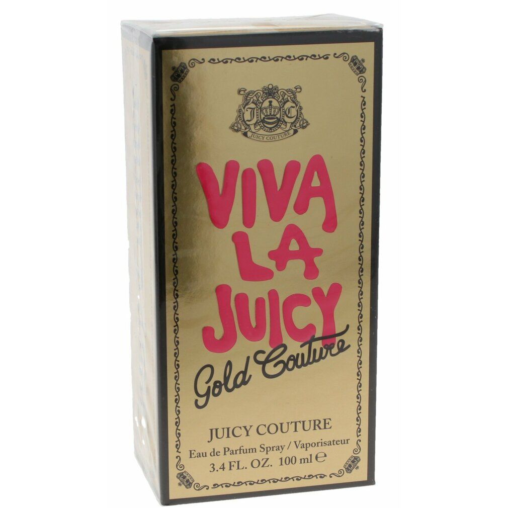 Gouden parfumverpakking met opschrift "Viva La Juicy Gold Couture".