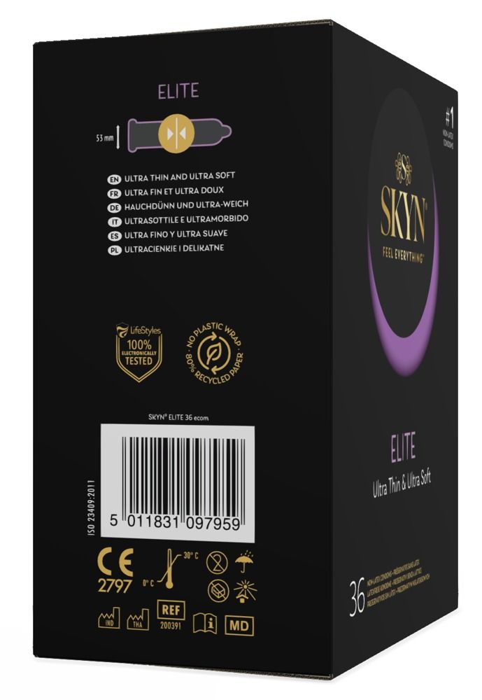 Boîte noire SKYN Elite. Inscription: Ultra Thin & Ultra Soft. 36 préservatifs. Détails ingrédients et certifications.