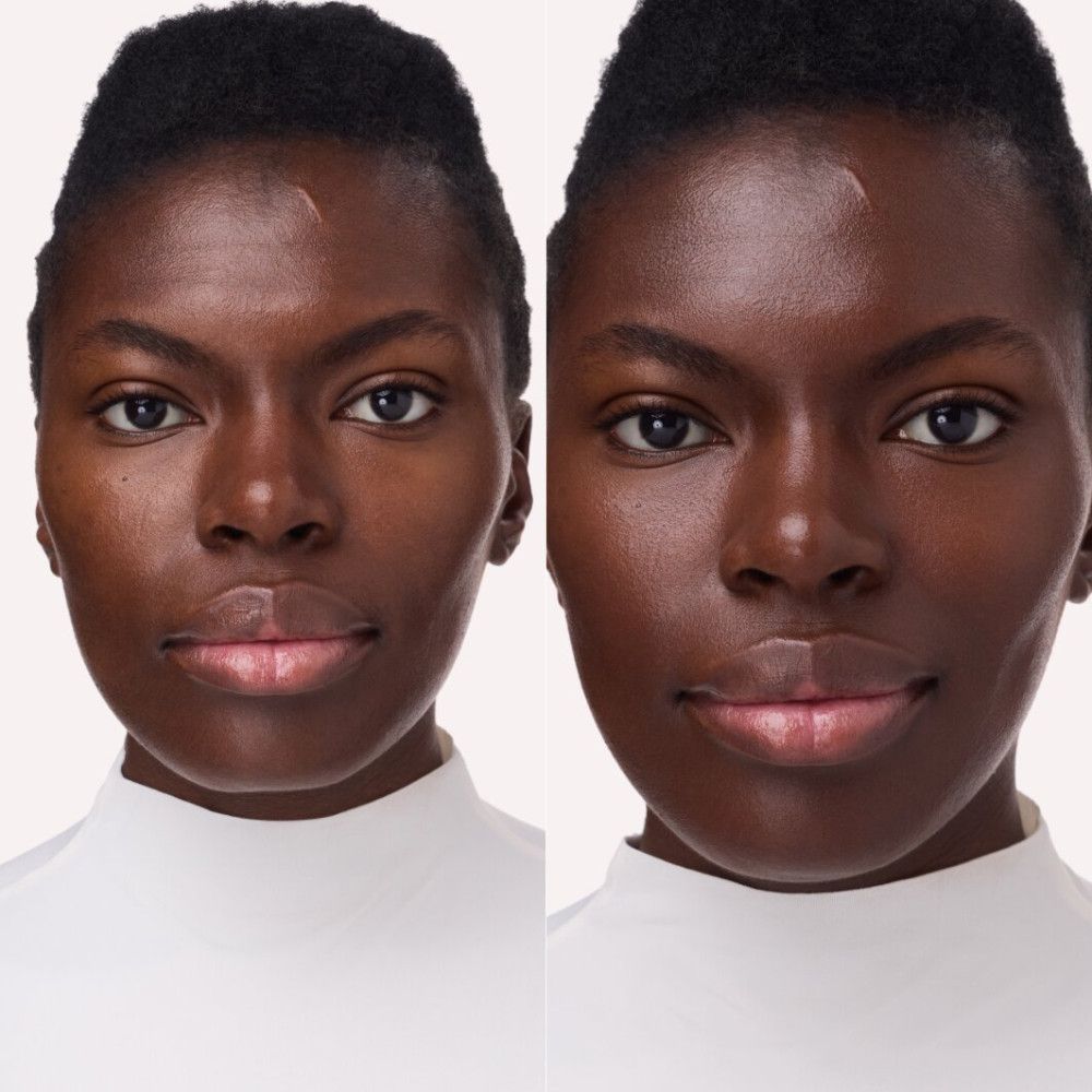 Voor-en-na vergelijking. Vrouw met en zonder getinte moisturizer. Donkerdere huidskleur. Zichtbare verbetering.