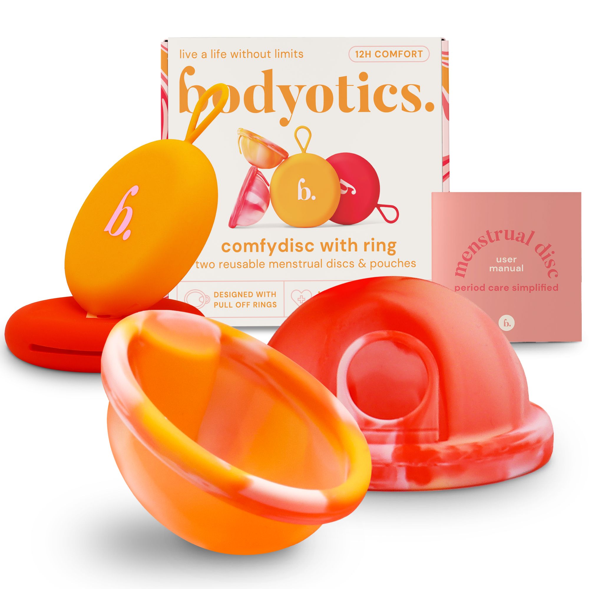 Bodyotics menstruatieschijven set met twee schijven (S/L) en zakjes.