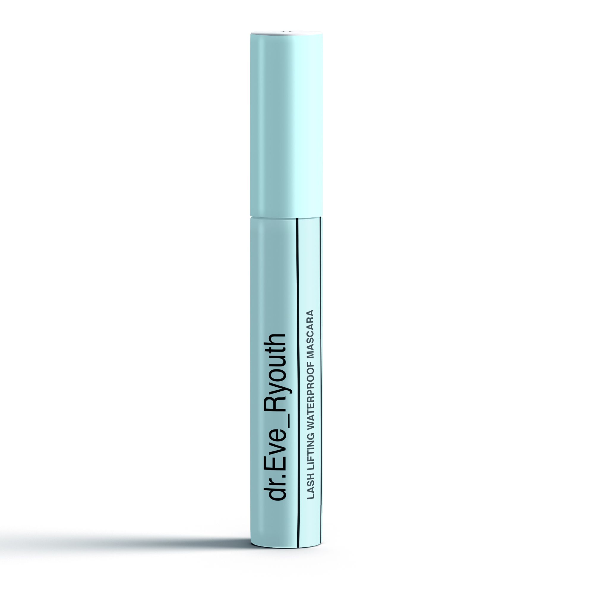 Lichtblauwe mascara-tube. Opschrift: LASH LIFTING WATERPROOF MASCARA. Merk: dr.Eve_Ryouth.