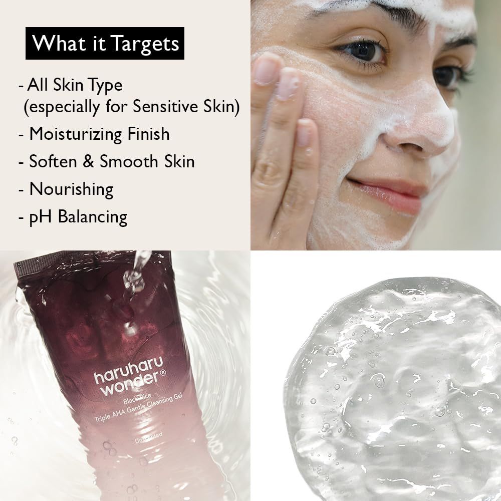 Image du produit et application. Contient des informations sur les types de peau, l'utilisation et les caractéristiques du produit.