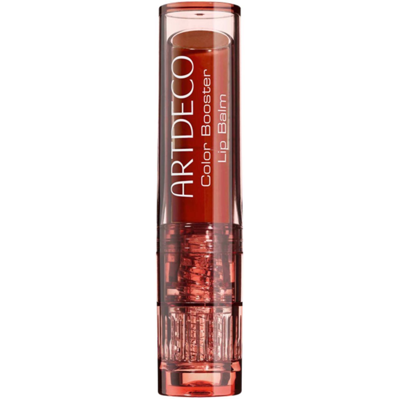 Baume à lèvres rouge dans un étui transparent. Imprimé: Artdeco Color Booster Lip Balm.