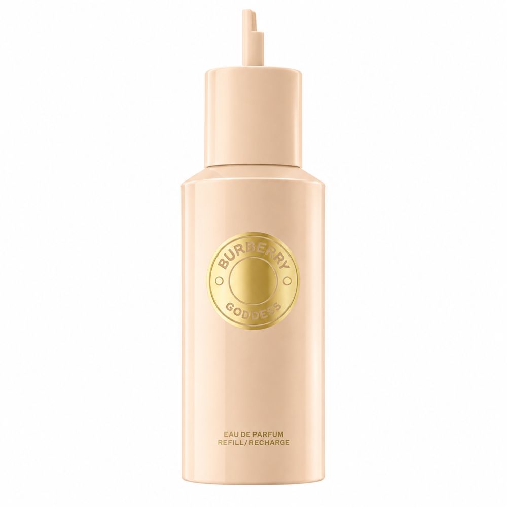 Beige navulflacon voor Eau de Parfum met goudkleurig cirkelvormig logo en tekst.