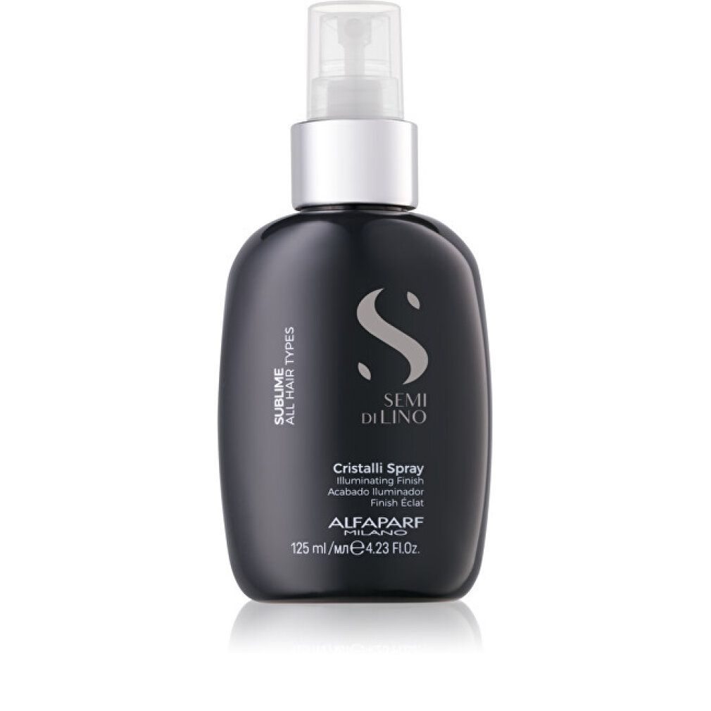 Zwarte spuitfles met zilveren dop. Bevat Semi di Lino Cristalli Spray.
