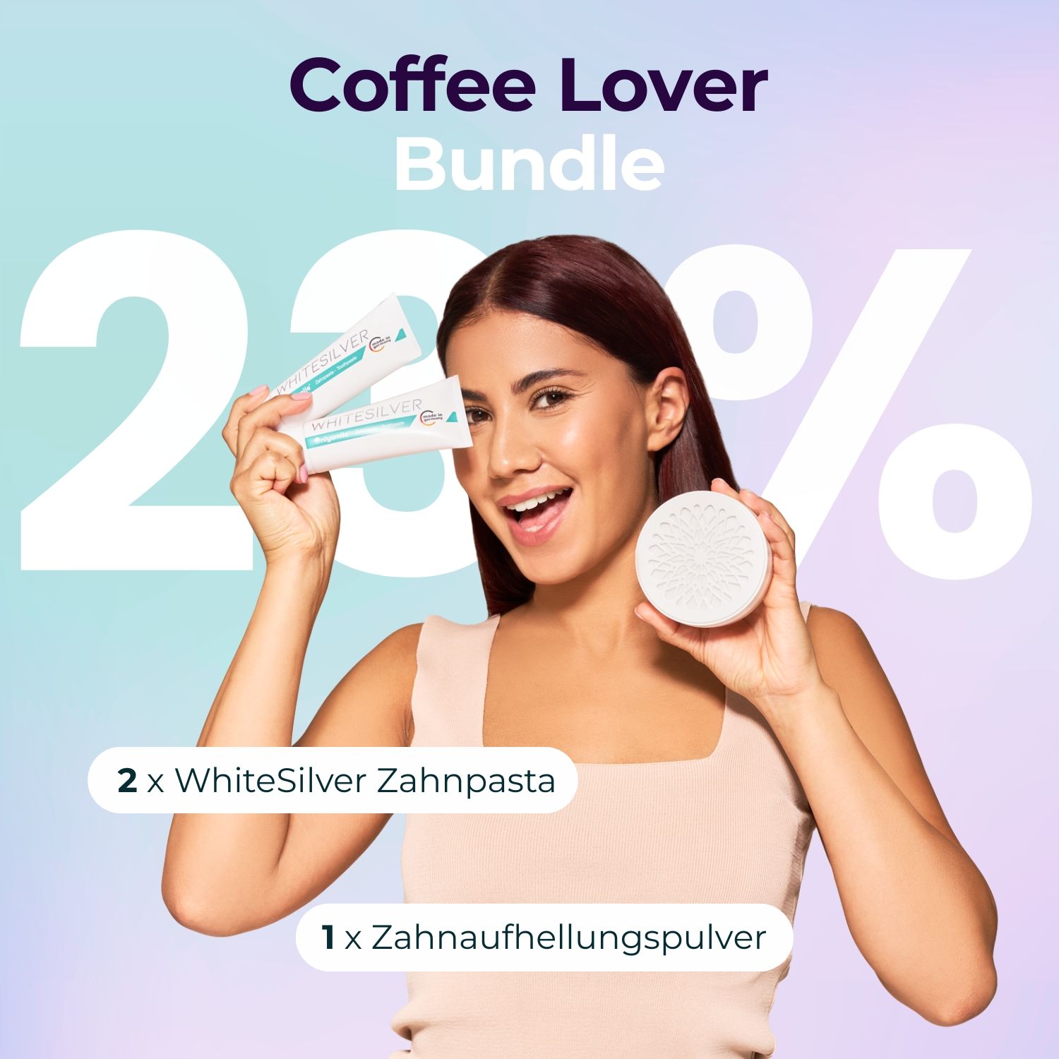 Deux tubes de dentifrice WhiteSilver et une poudre dentaire. Femme tenant les produits. Texte : Coffee Lover Bundle, 20 % de réduction.