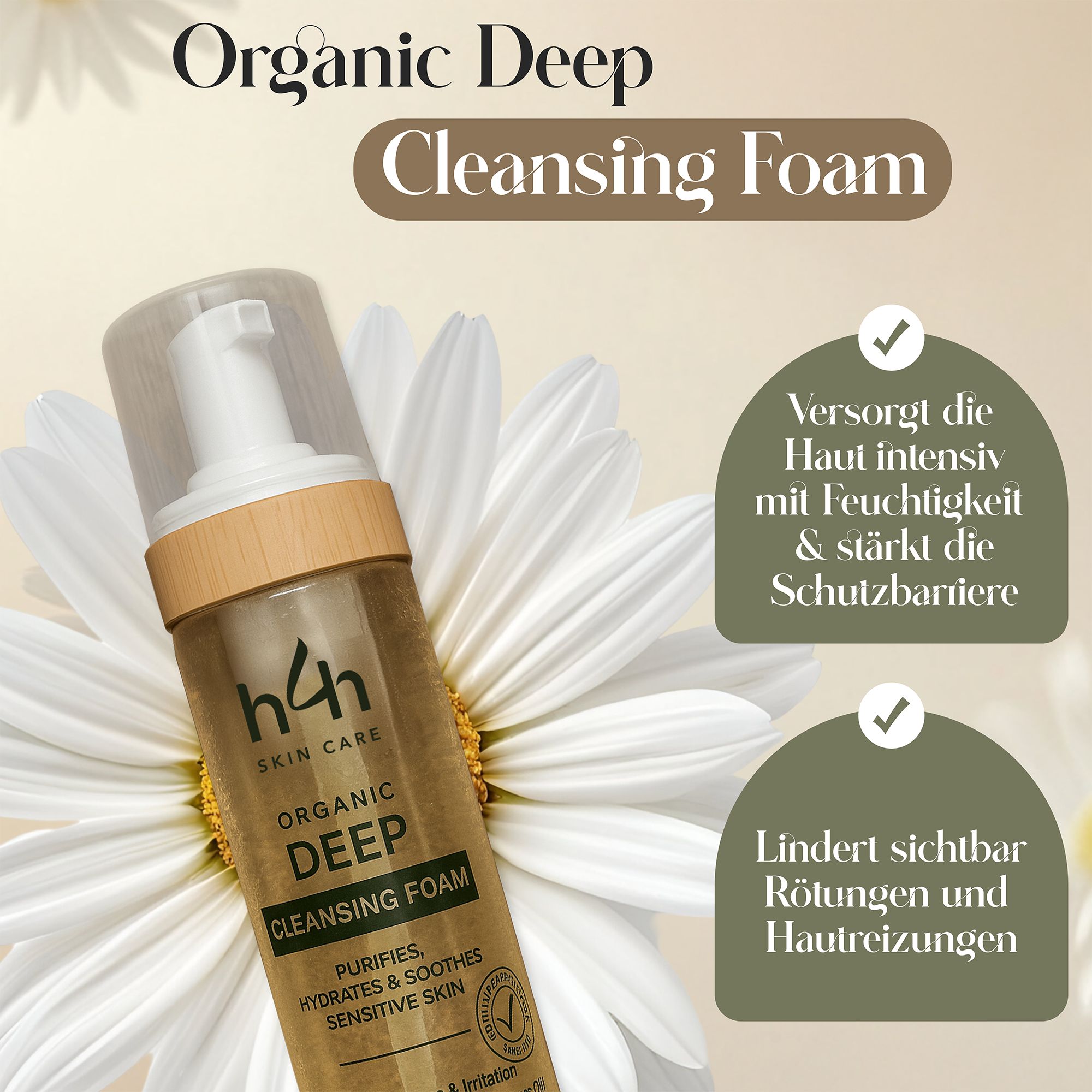 H4H Naturals® Organic Deep Cleansing Foam. Tekst: Hydrateert de huid intensief en versterkt de beschermende barrière. Verzacht roodheid.
