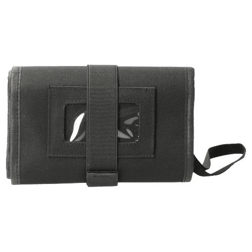 Trousse de toilette noire fermée, avec fermeture velcro et fenêtre transparente.