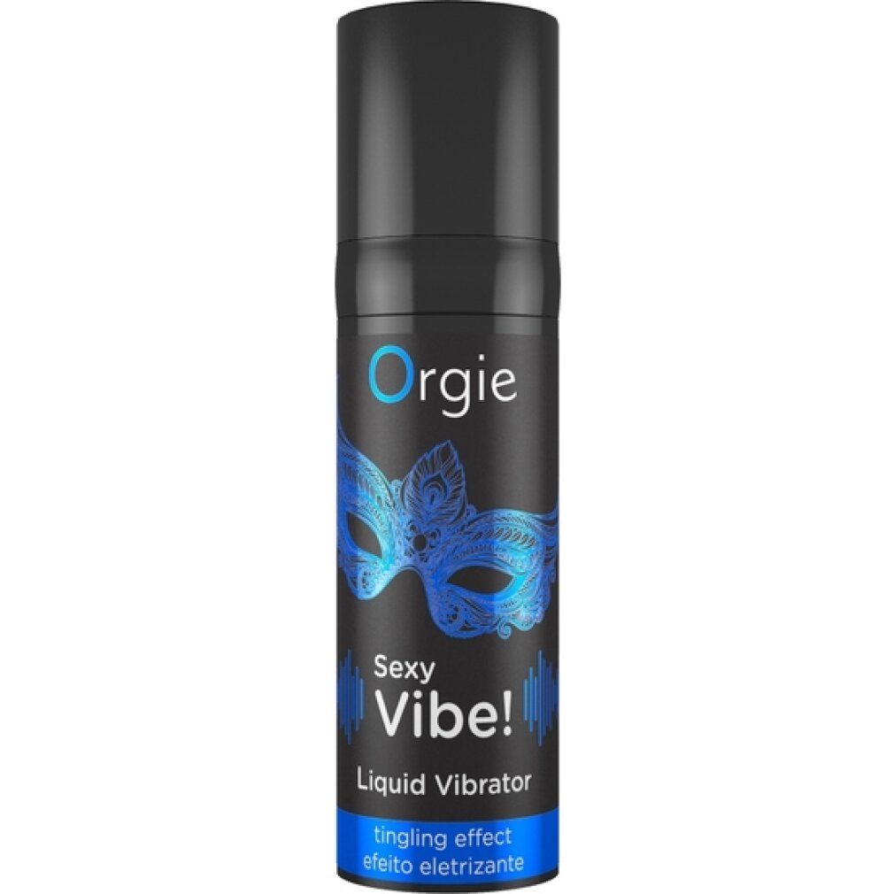 Orgie Sexy Vibe! Liquid Vibrator fles met zwarte dop en blauw masker design.