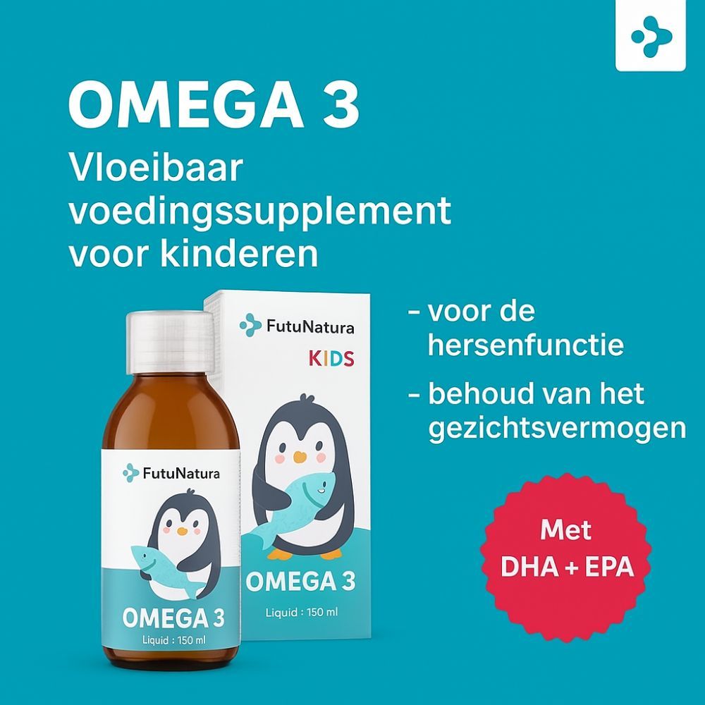 Blauwe achtergrond met tekst en productafbeelding. Tekst: Omega 3, voedingssupplement voor kinderen. Voor hersenfunctie en gezichtsvermogen. Met DHA + EPA.