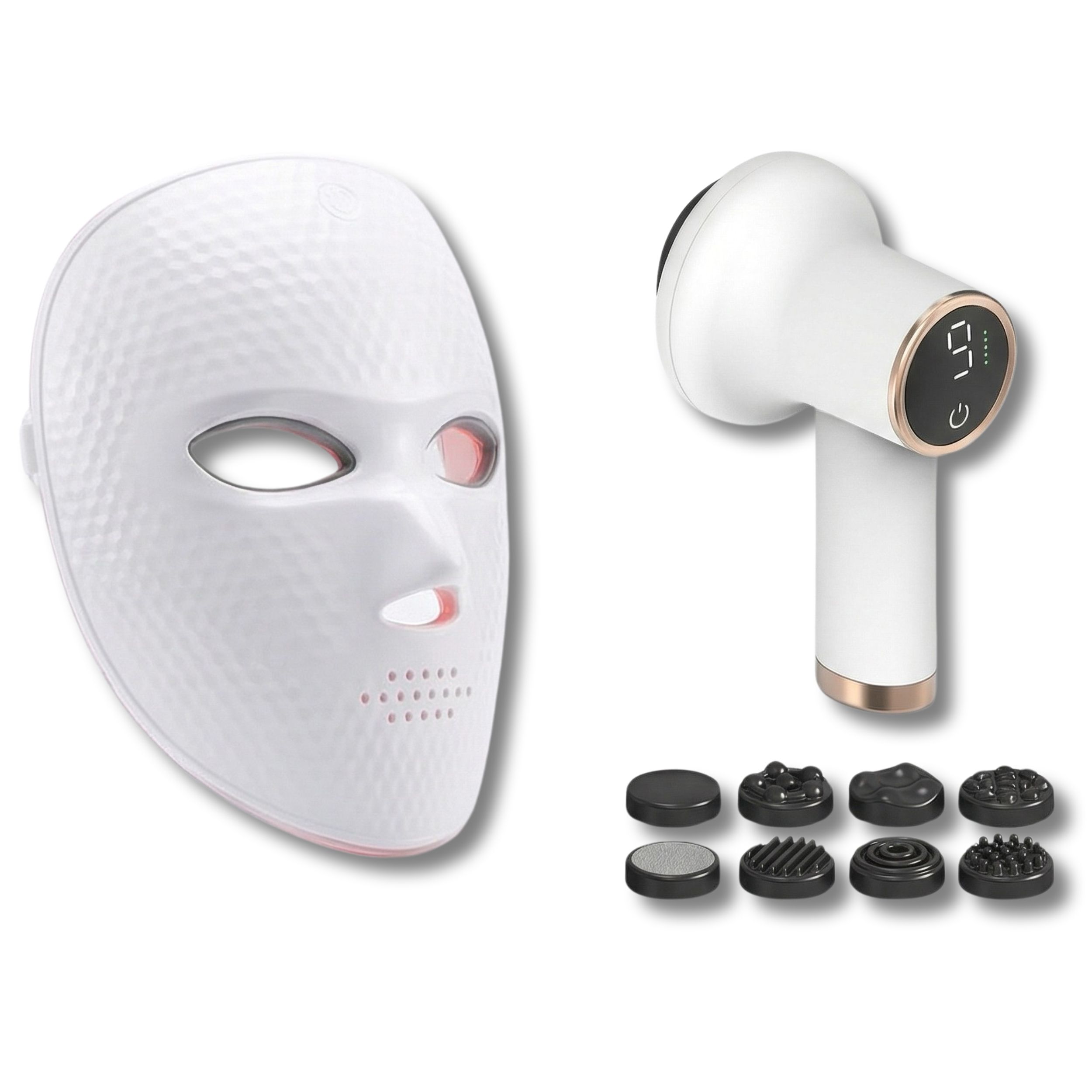 Masque facial LED blanc et masseur blanc avec huit embouts.
