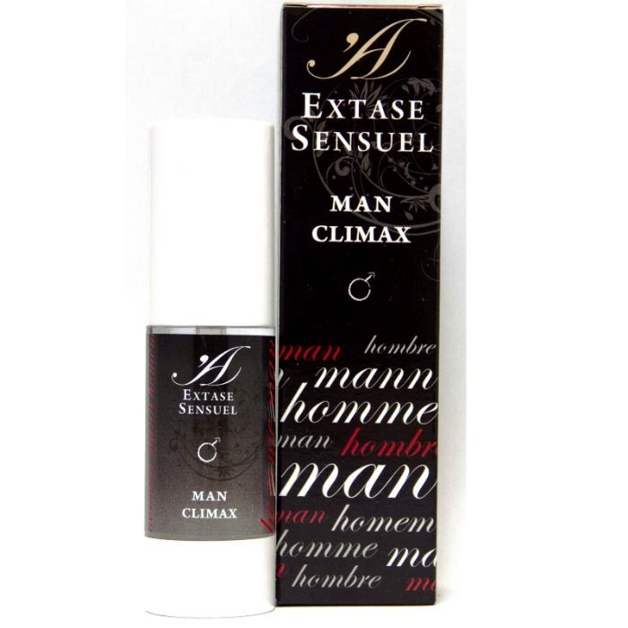 Flacon et emballage de vente côte à côte. "Extase Sensuel MAN CLIMAX".