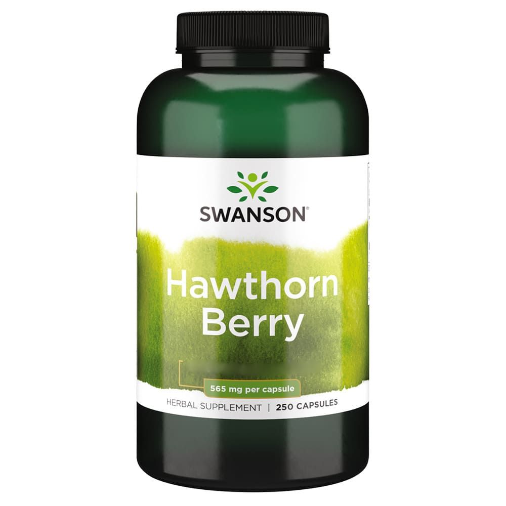 Bouteille verte de gélules de baie d'aubépine Swanson, 565 mg par gélule, 250 gélules.