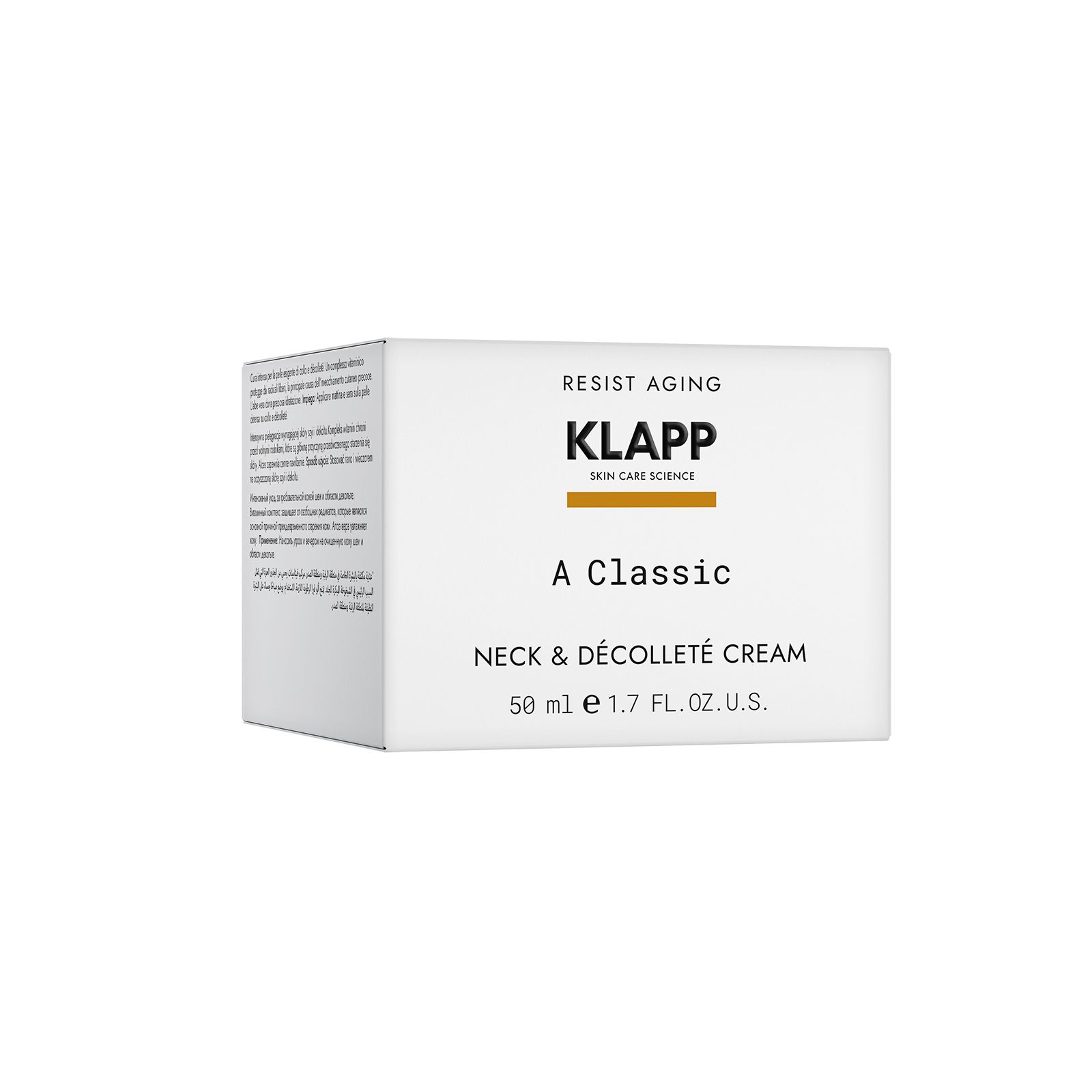 Witte verpakking met productinformatie. Opschrift: KLAPP, A Classic, Neck & Décolleté Cream. Volume: 50 ml.