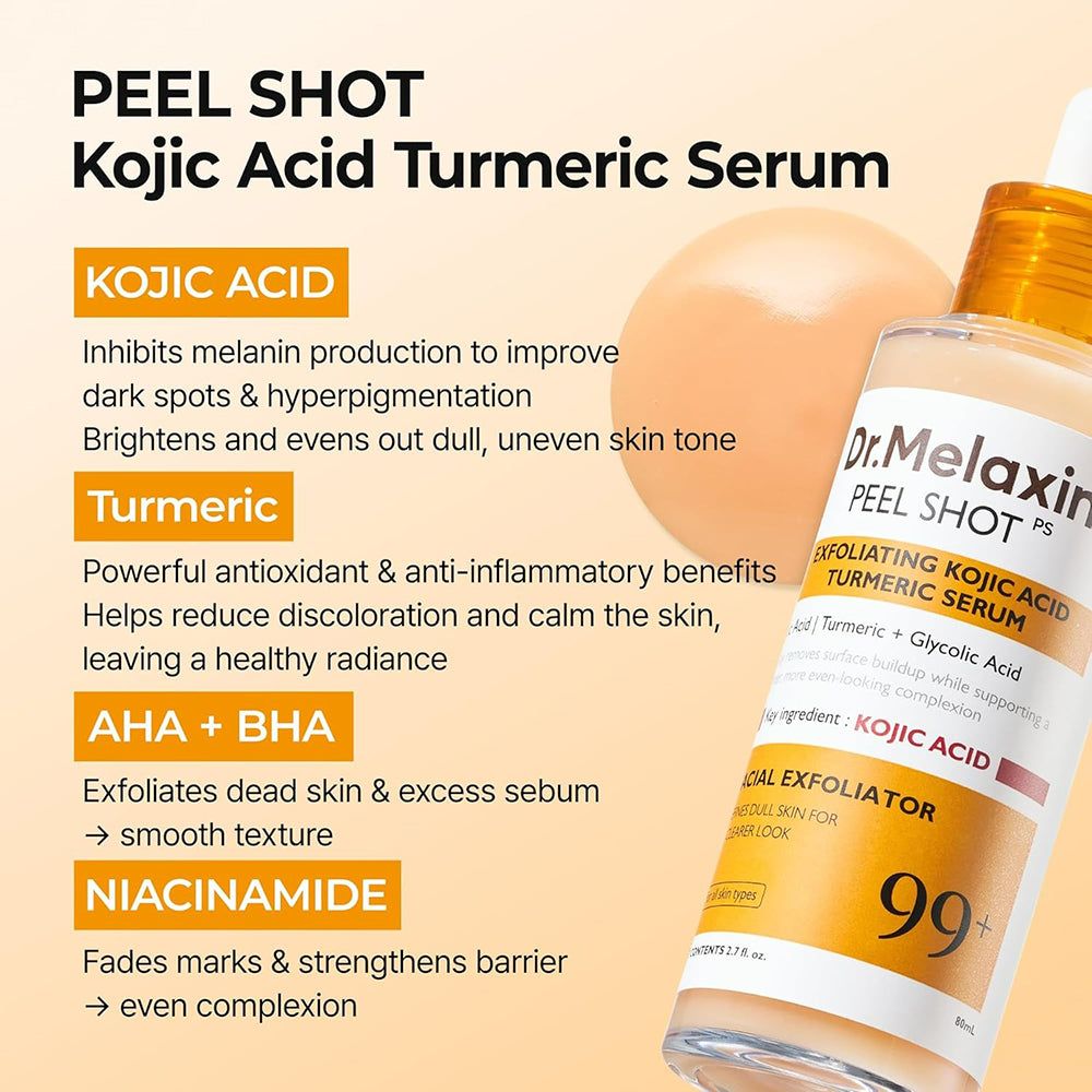 Dr. Melaxin Peel Shot serum met kojic zuur en kurkuma, met gedetailleerde ingrediënteninformatie.