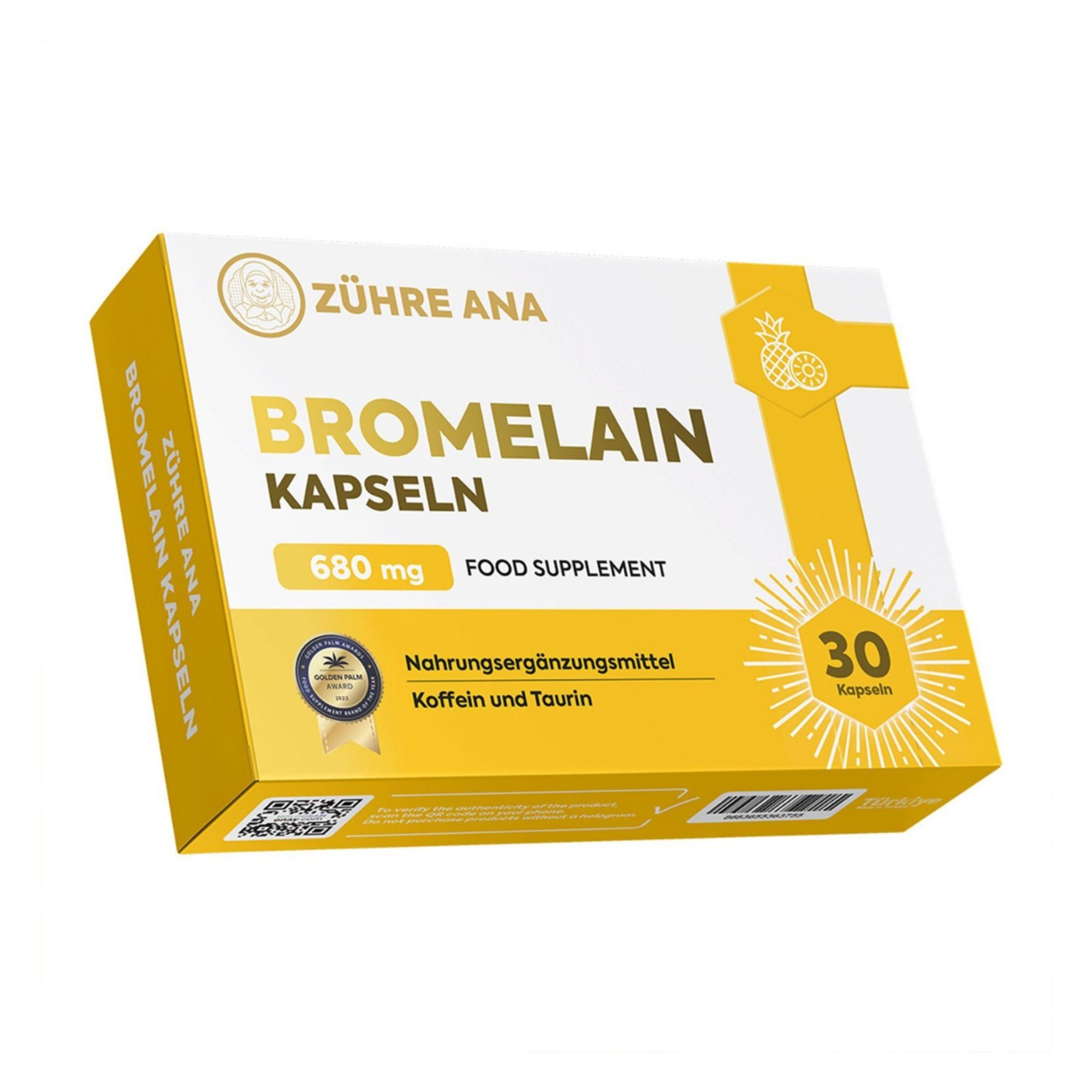 Boîte de capsules de bromélaïne, 680 mg, 30 capsules, avec caféine et taurine.