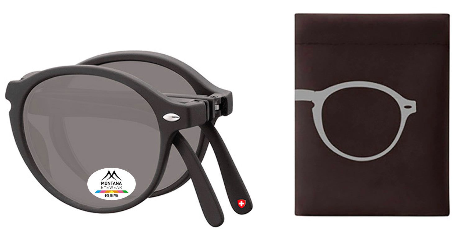 Lunettes de soleil pliables Montana Eyewear. Verres ronds gris, monture noire. Logo et autocollant Polarized. Étui à côté.