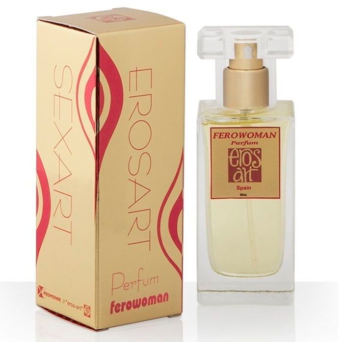 Parfum Eros - Ferowoman en flacon de verre avec pompe et emballage.