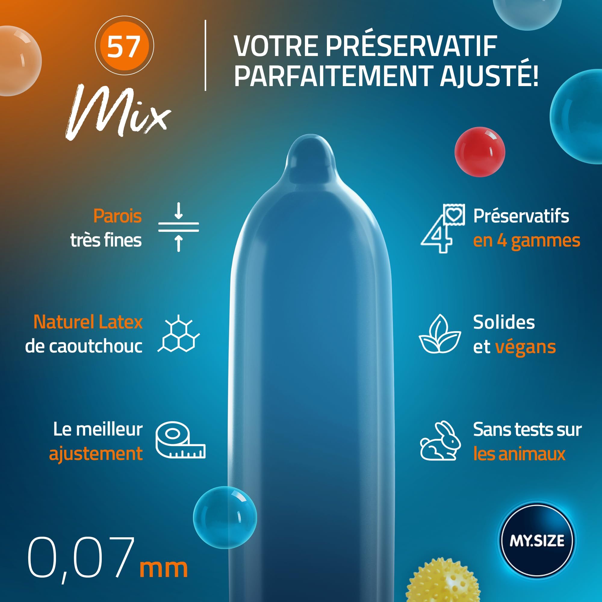 Préservatifs MY.SIZE Mix : 10 unités, 57mm. Boîte à côté d'un couple s'embrassant. Préservatifs individuels et bulles visibles.