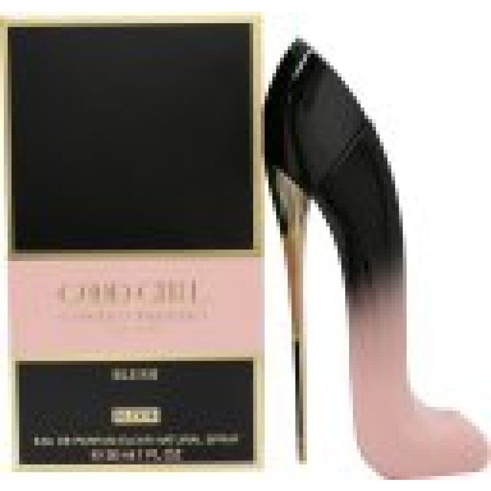 Boîte noire et or avec bande rose. Inscription: Good Girl Blush Elixir. À côté, flacon de parfum en forme d'escarpin.