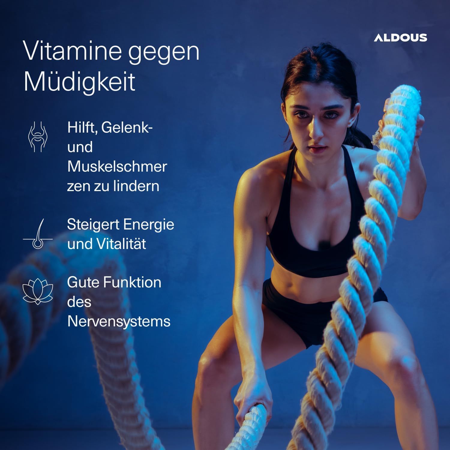 Femme s'entraînant avec une corde. Le citrate de magnésium Aldous soutient l'énergie et le système nerveux.