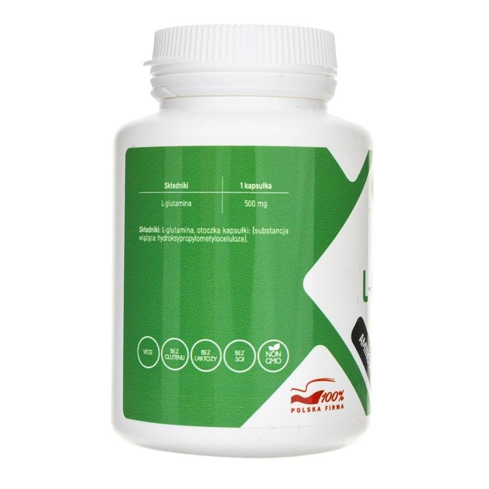 Arrière d'un emballage de gélules Aliness L-Glutamine avec informations nutritionnelles et certifications.