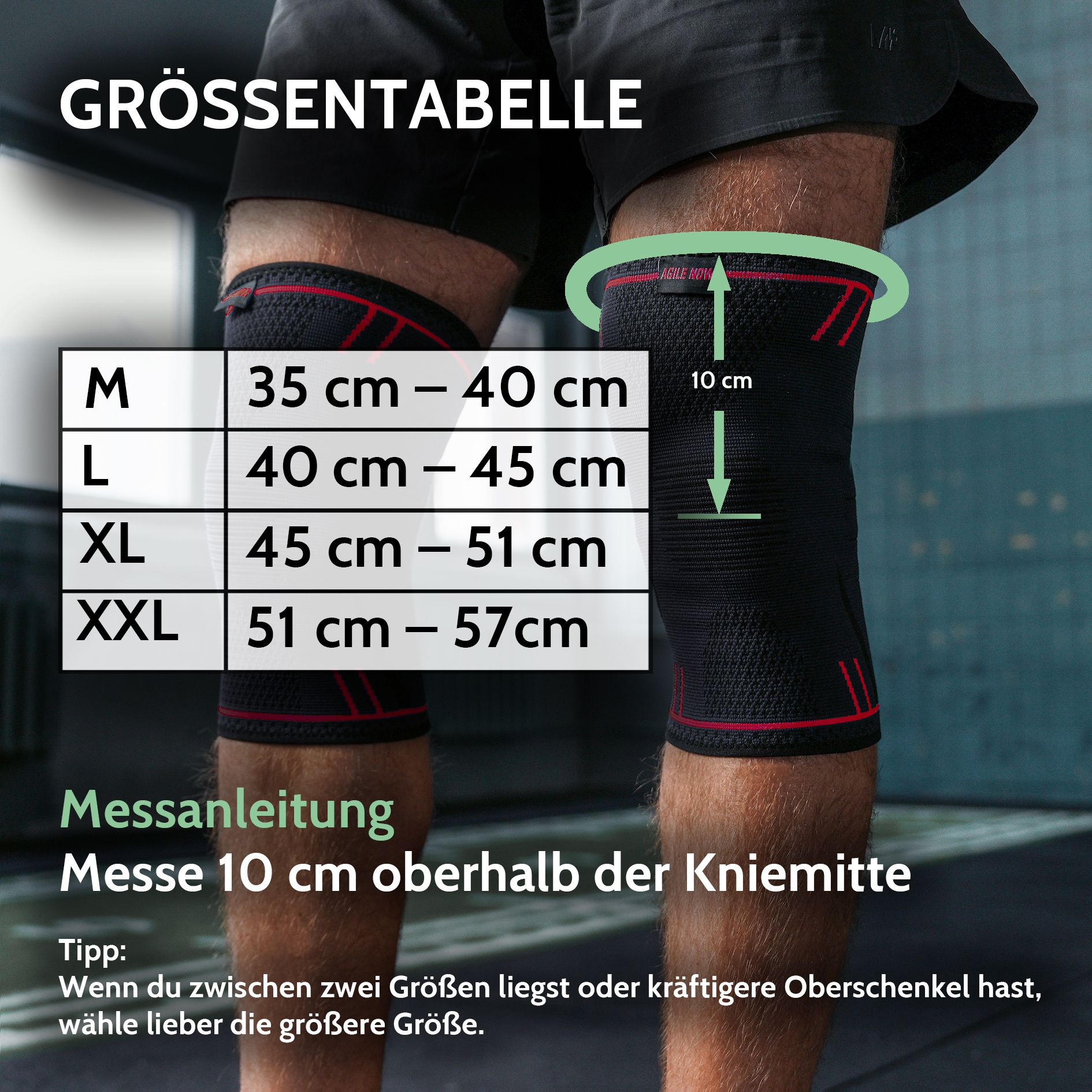 Man met kniebraces. Maattabel: M, L, XL, XXL. Maten in cm. Meetinstructies: 10 cm boven het midden van de knie.