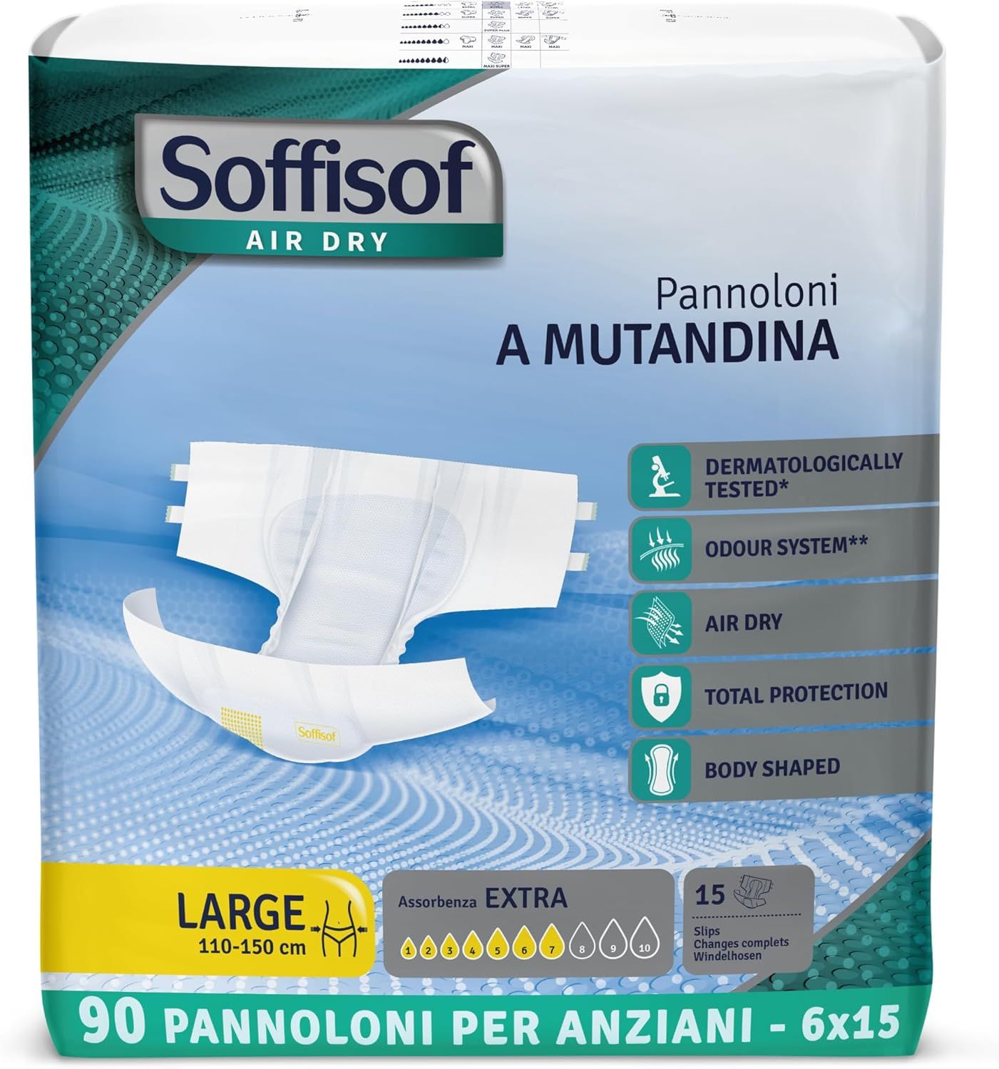 Soffisof Air Dry Adultenluiers Extra. Maat L, 110-150 cm. 90 stuks. Dermatologisch getest, geursysteem, Air Dry, totale bescherming, lichaamsvorm.