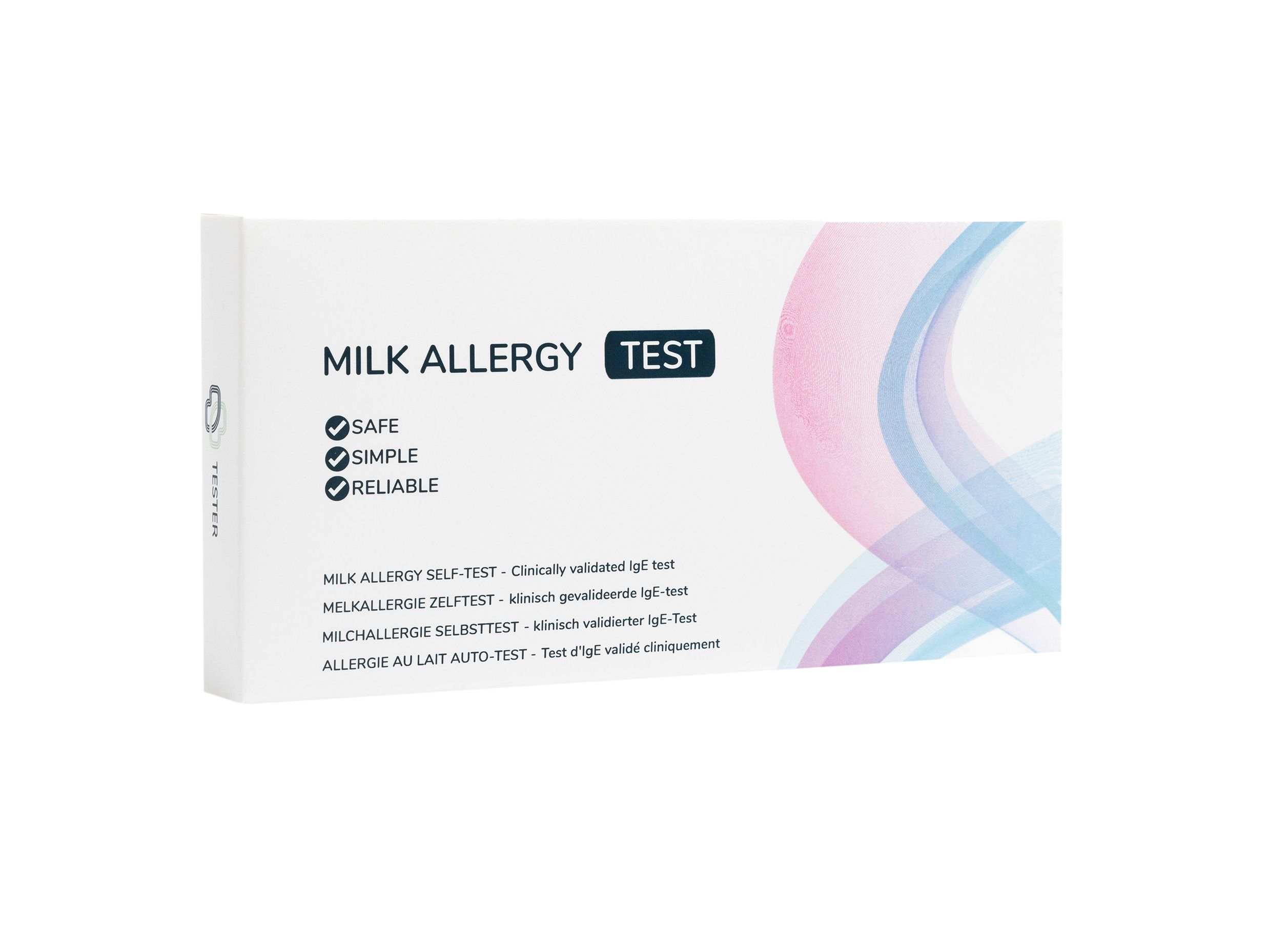 Verpakking van melkallergietestkit. Wit met productnaam en logo's. Tekst: Safe, Simple, Reliable.