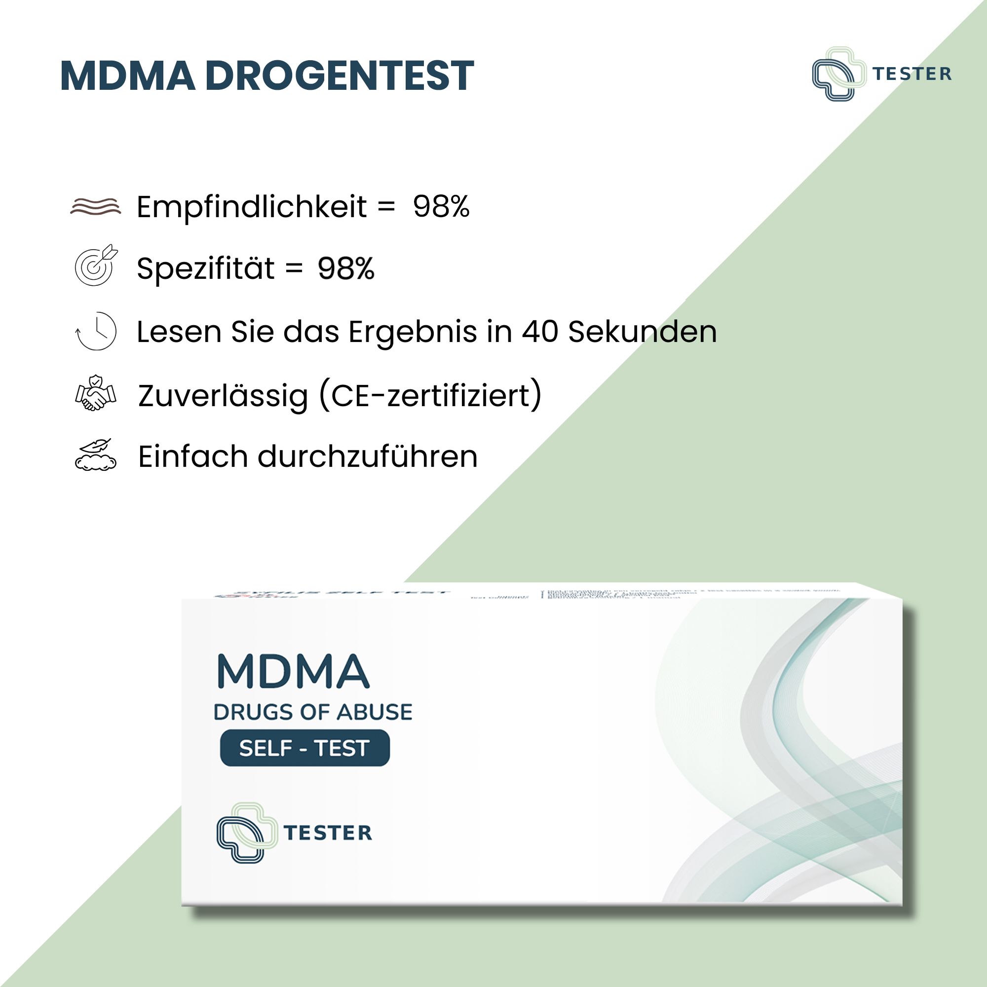 Productverpakking met tekst en pictogrammen. Tekst: MDMA Drugstest, Gevoeligheid 98%, Betrouwbaar (CE-gecertificeerd).