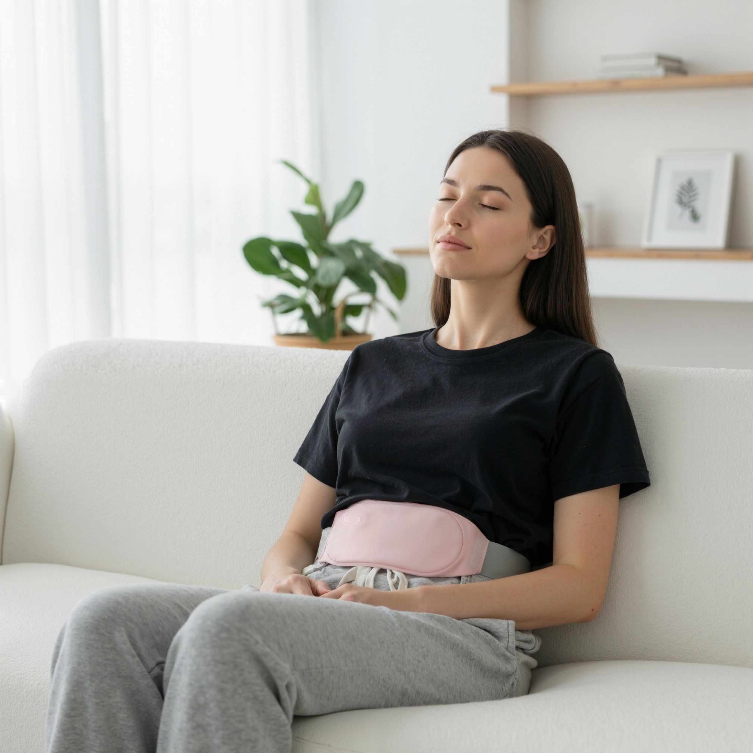 Femme assise sur un canapé, portant une ceinture abdominale rose. Yeux fermés. La ceinture est sur le ventre.