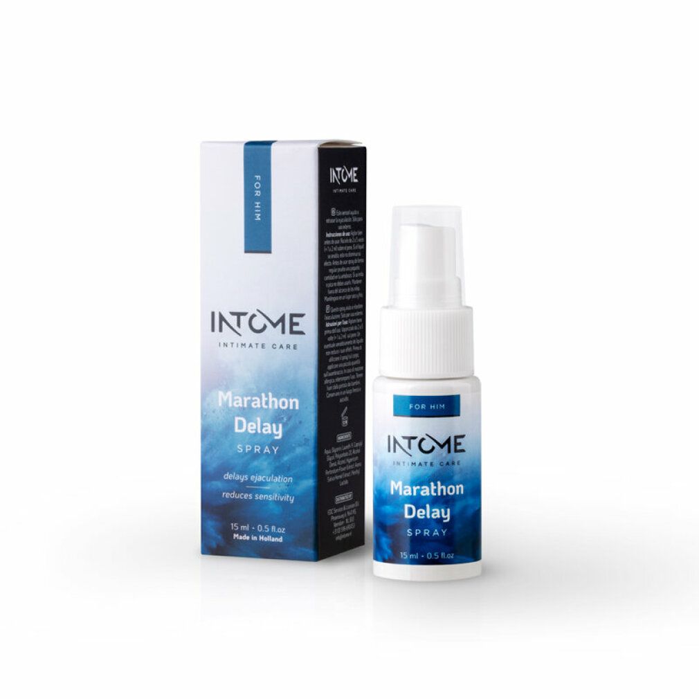 Produit et emballage. Flacon spray blanc et boîte. Inscription : Intome, Marathon Delay Spray. Emballage avec texte.