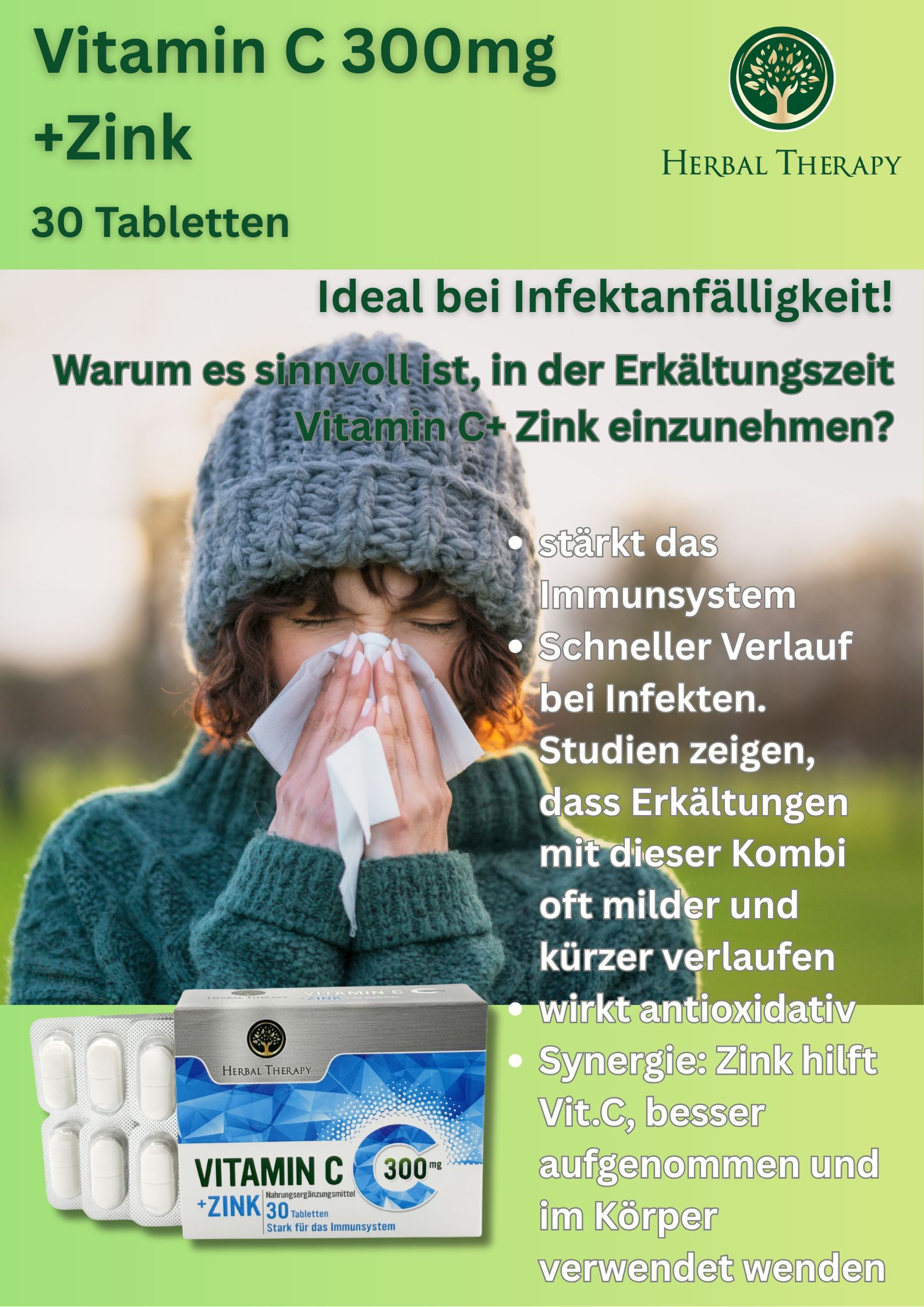 Reclamebeeld met persoon die zijn neus snuit. Vitamine C + zink verpakking. Tekst: 30 tabletten, 300mg. Ideaal bij infectiegevoeligheid!