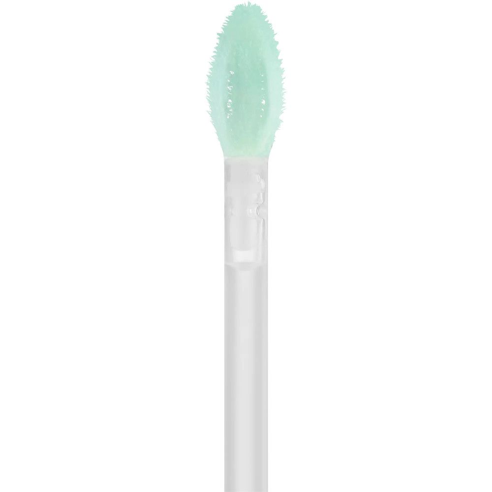Gros plan de l'applicateur de la base de fard à paupières Essence Jelly Grip. Applicateur vert en forme de brosse avec tige transparente.