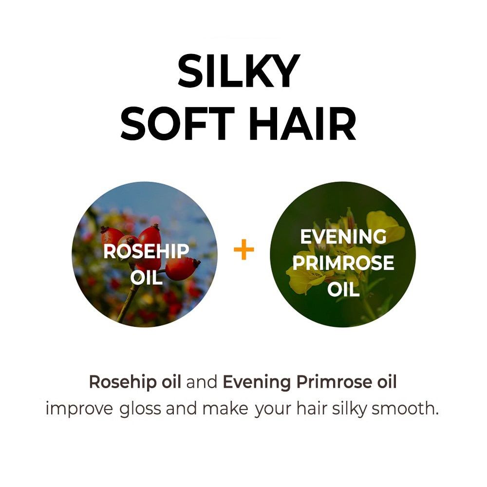 Graphique avec huile de rose musquée et d'onagre. Texte : L'huile de rose musquée et d'onagre améliorent la brillance et rendent les cheveux soyeux.