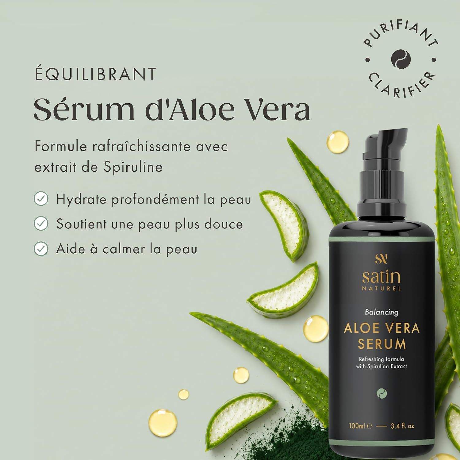 Flacon Sérum Aloe Vera SATIN NATUREL avec feuilles d'aloès et poudre de spiruline.