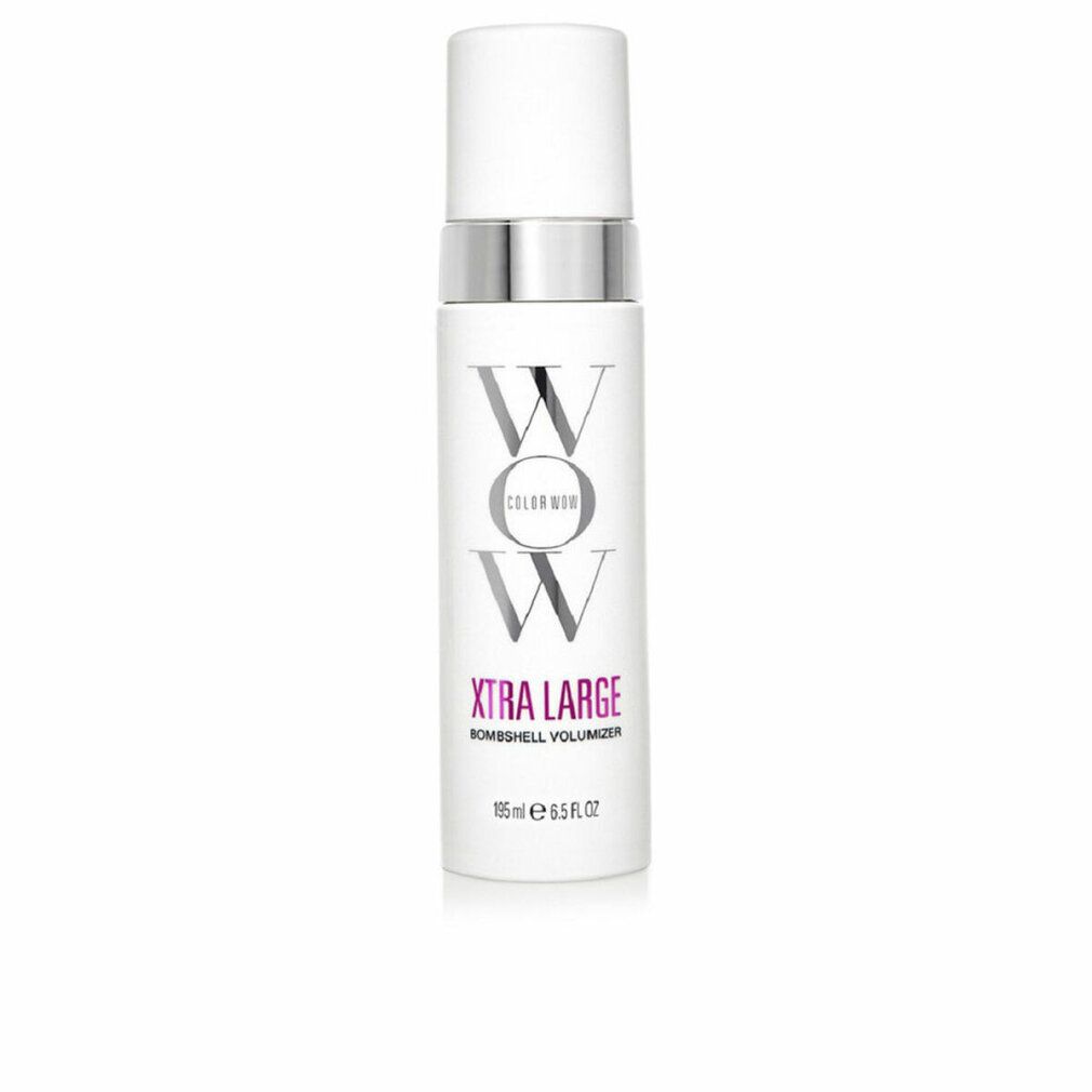 Witte fles met zilveren dop. Tekst: COLOR WOW, Xtra Large, Bombshell Volumizer. 185 ml.