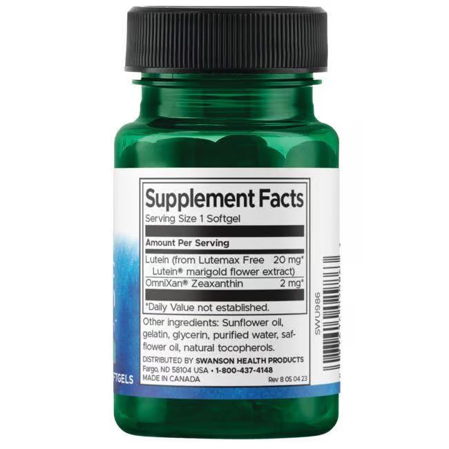 Dos du flacon vert. Étiquette avec informations nutritionnelles. Contient de la lutéine et de la zéaxanthine. Fabriqué au Canada.