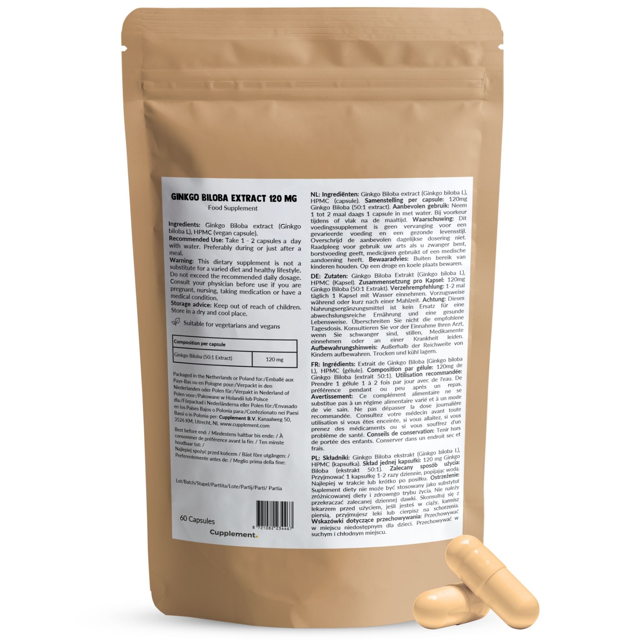 Sachet de Ginkgo Biloba Extract 120 mg capsules. Inscription: 60 capsules. Deux gélules à côté.