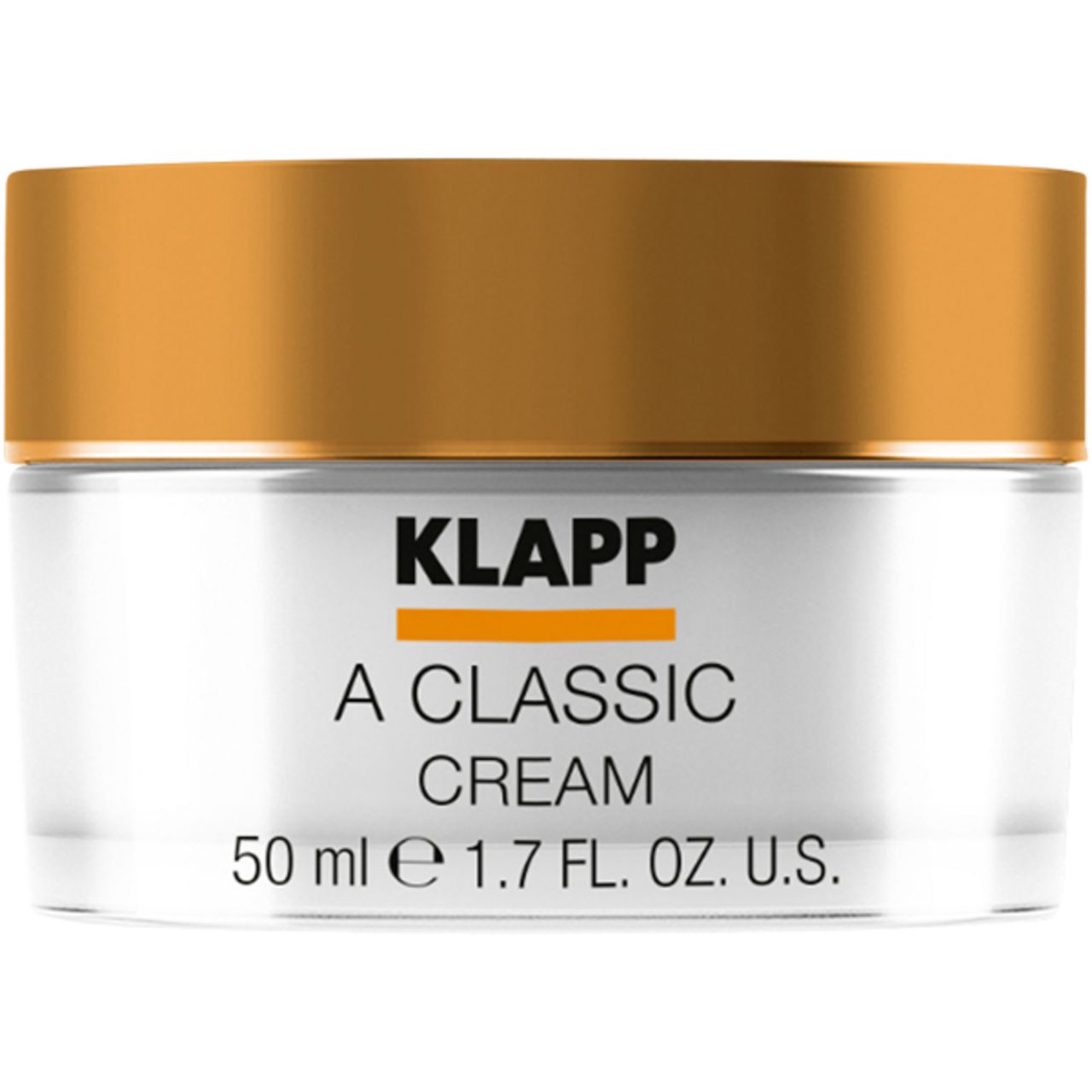 Crèmepot met gouden deksel. Opschrift 'KLAPP A Classic CREAM'.