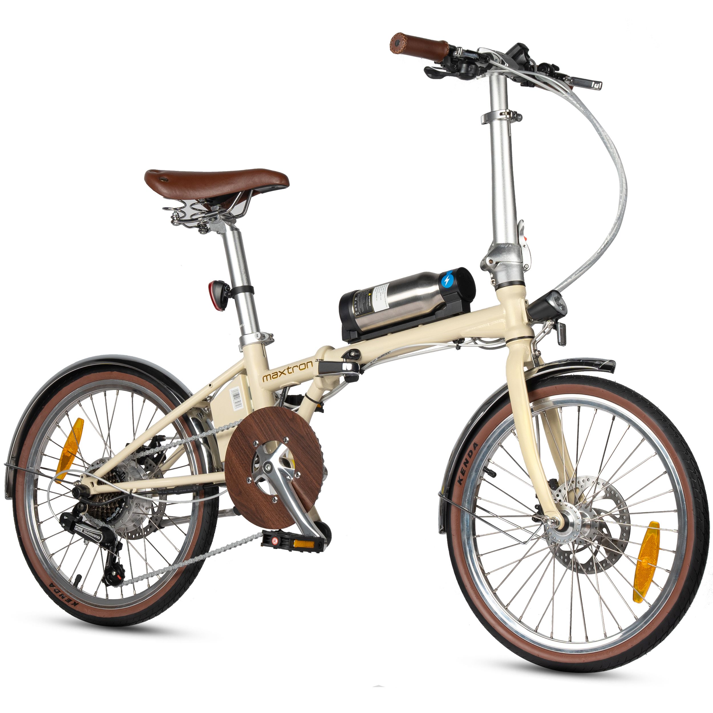 Beige elektrische fiets met bruine banden en zadel. Zichtbaar: motor, accu, spatborden, remmen. Opschrift: Maxtron.