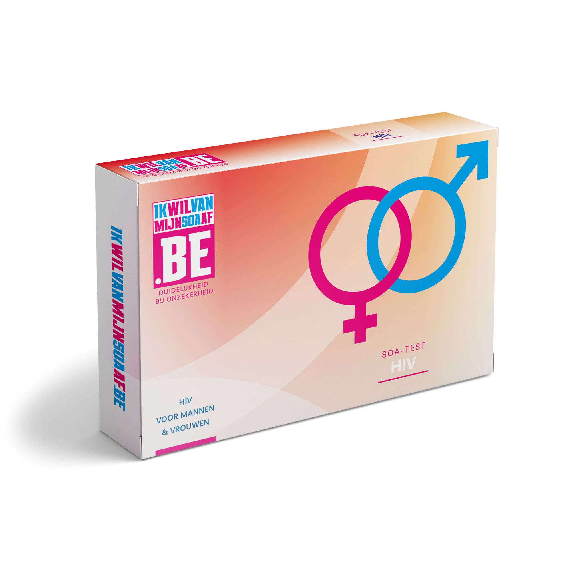 Boîte avec texte 'IK WIL VAN MIJNSOAA AF'. Symbole de genre et texte 'SOA-TEST HIV'. Pour hommes et femmes.