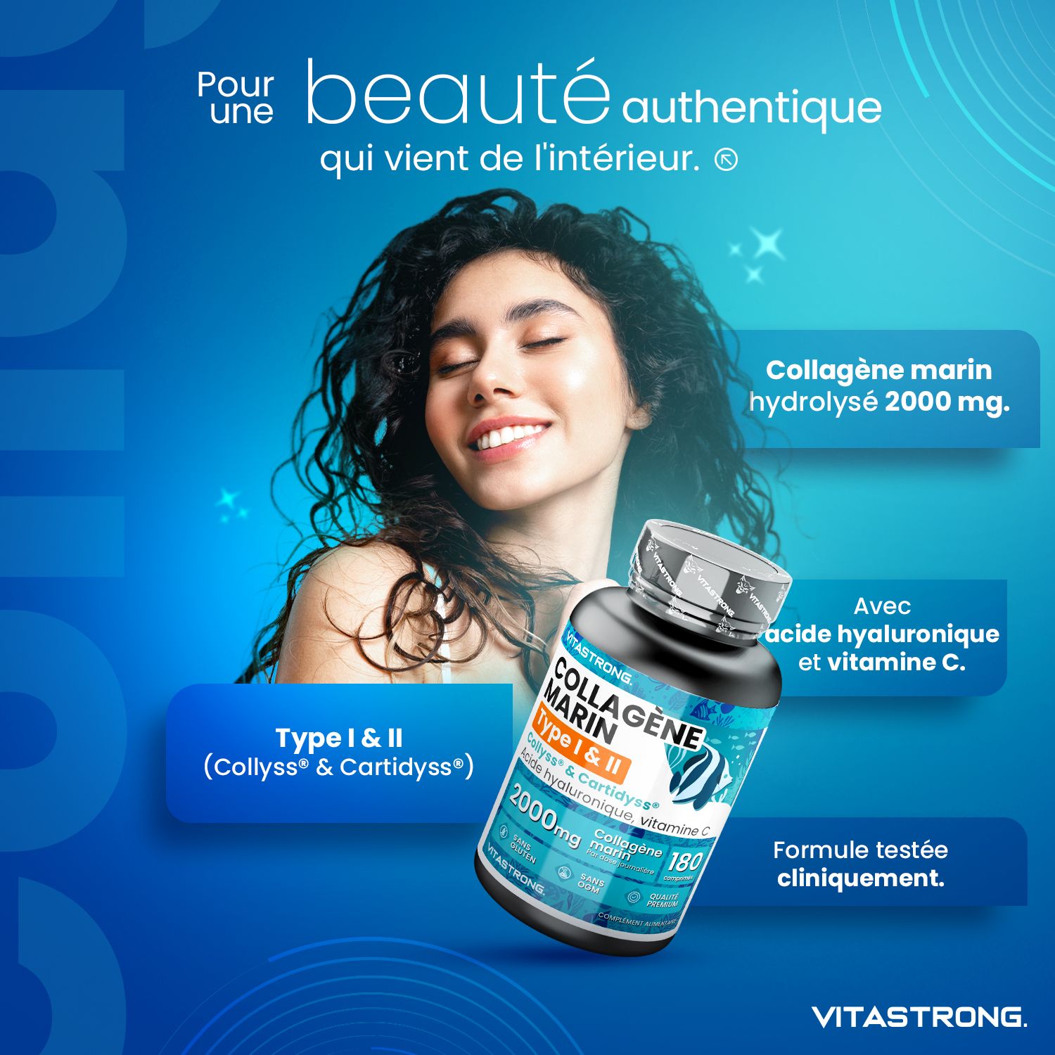 Vrouw met gesloten ogen. Marine Collageen Type I & II. 2000 mg. Met hyaluronzuur & Vitamine C.