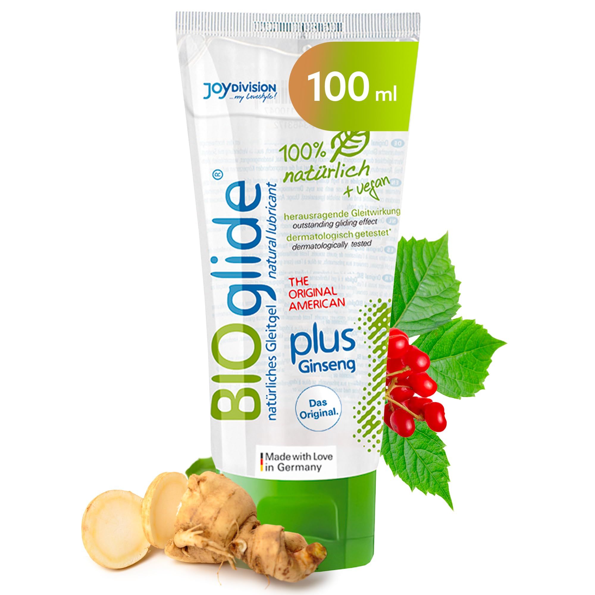 Tube de gel lubrifiant Joydivision BIOglide plus Ginseng, 100ml. Ingrédients naturels, vegan.