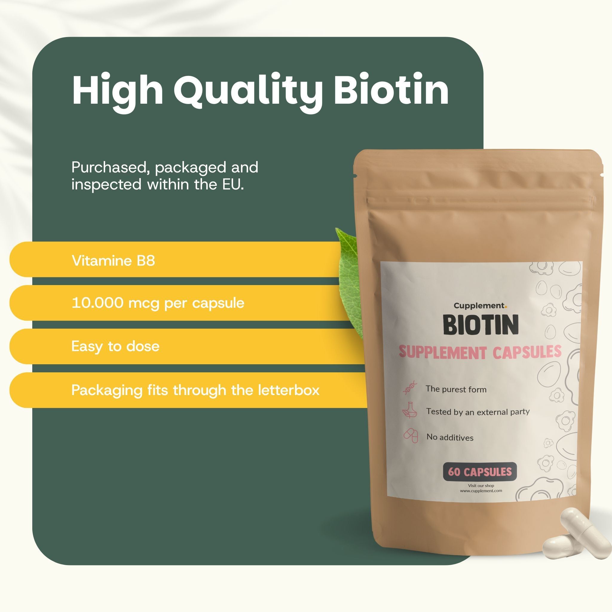 Sachet de gélules de biotine. Texte : Cupplement, Biotine, 60 gélules. Avantages : Vitamine B8, 10 000 mcg par gélule, facile à doser.