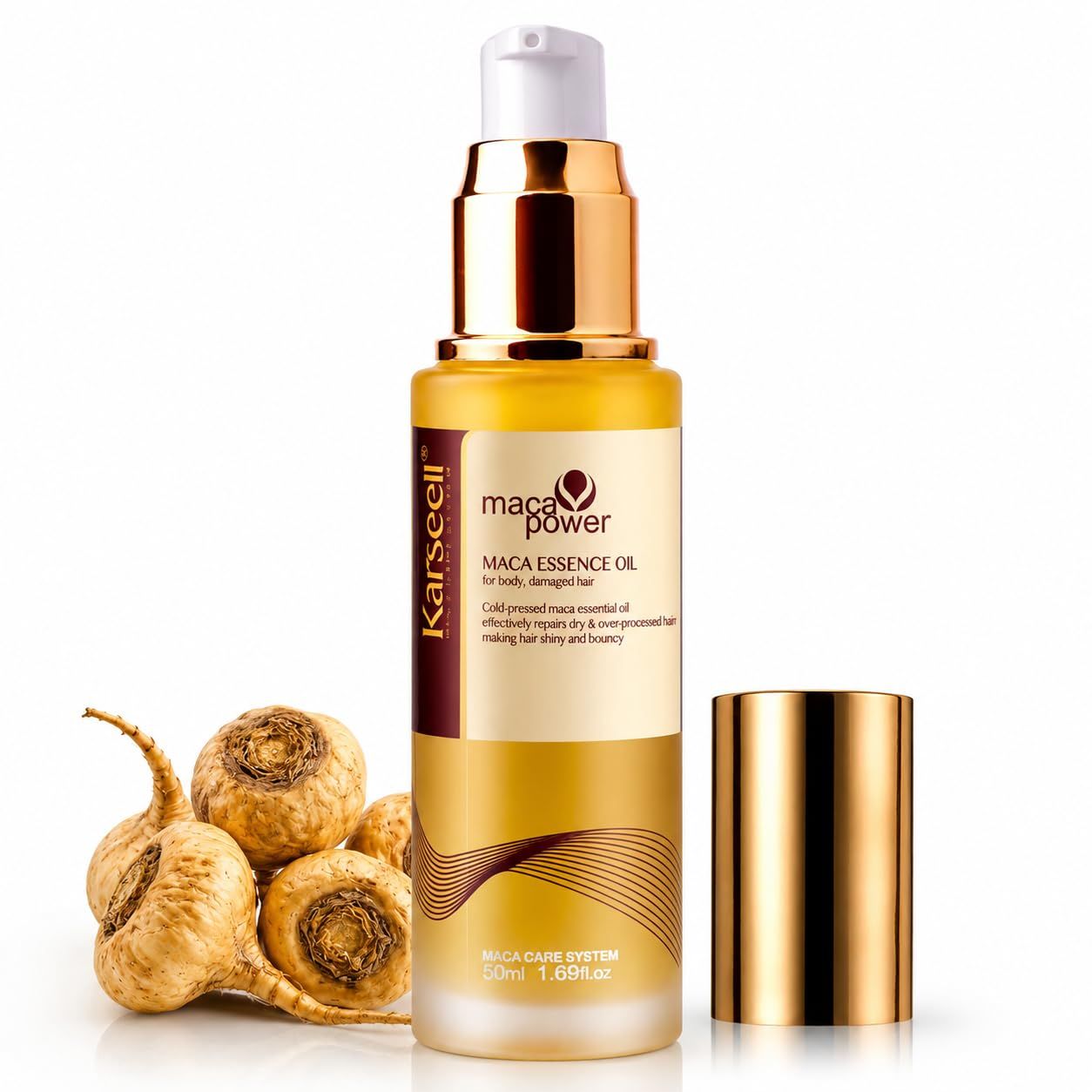 Fles Maca Essence Olie, gouden pompdispenser, Maca wortels ernaast.